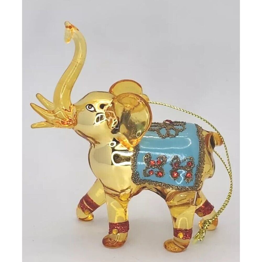 Blown Glass Elephant Yellow with Rhinestone detail Trunk Up Ornate Blanket PB165